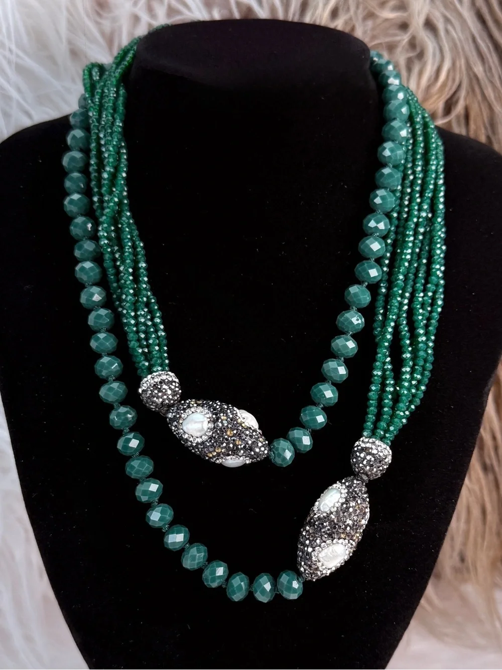 Emerald Green Multi Strand Faceted Bead Ornate Slip On Statement Necklace